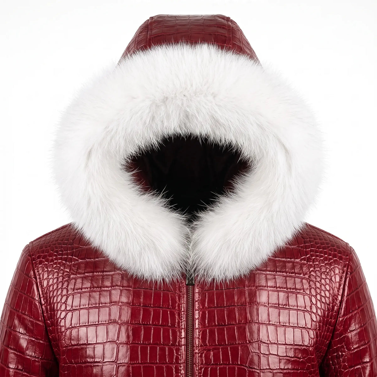 Custom Tailored Men’s Crocodile Embossed Fur Hooded Genuine Sheepskin Leather Jacket