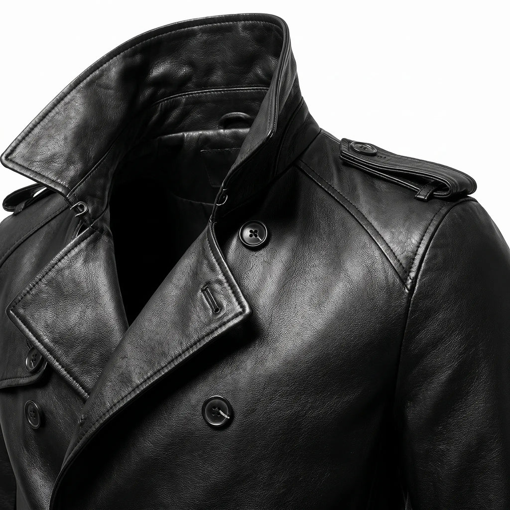 Men’s Custom Tailored Genuine Leather Trench Coat Belted Coat Jacket