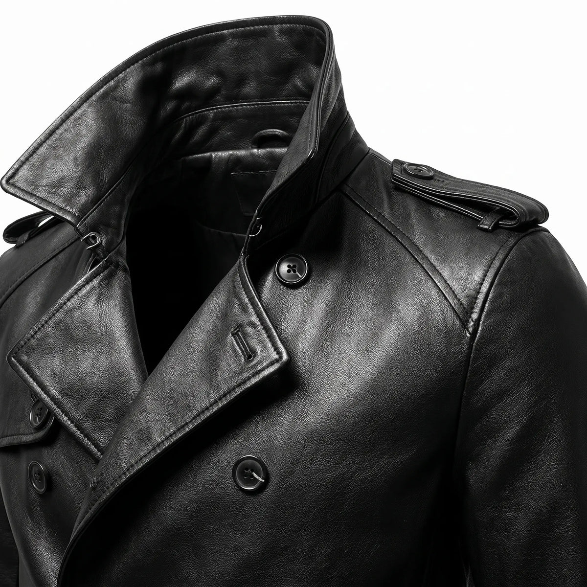 Men’s Custom Tailored Genuine Leather Trench Coat Belted Coat Jacket
