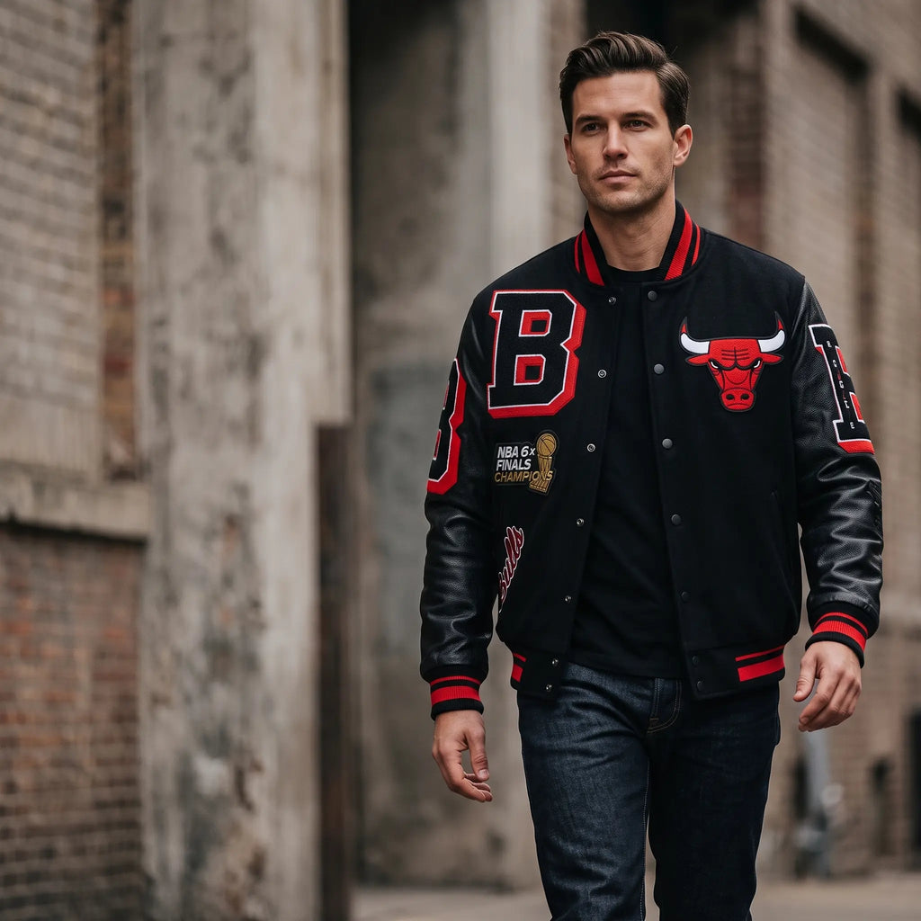 Custom Tailored Men’s Standard Chicago Bulls Mash Up Styled Varsity Genuine Sheepskin Leather Jacket