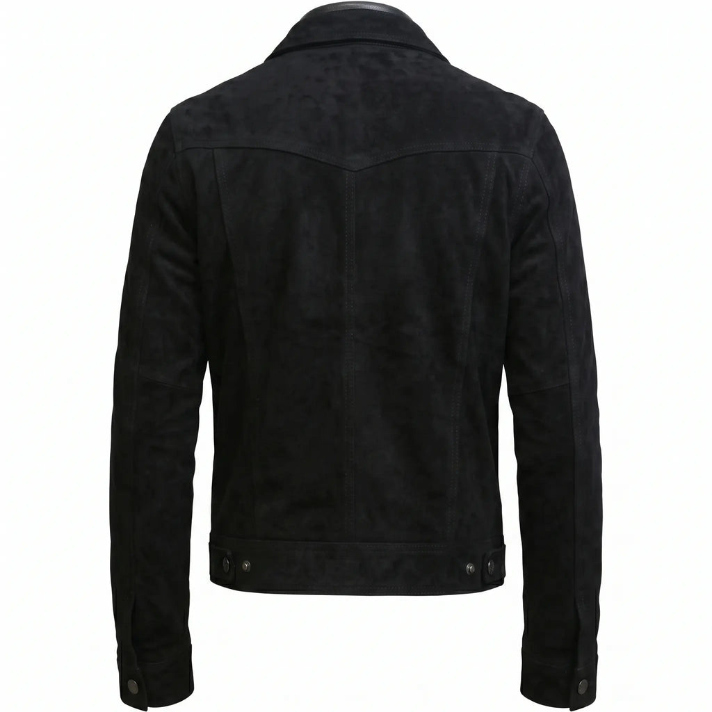 New Men’s Zipper Suede Genuine Leather Jacket Biker Motorcycle Button Black