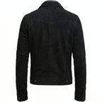New Men’s Zipper Suede Genuine Leather Jacket Biker Motorcycle Button Black