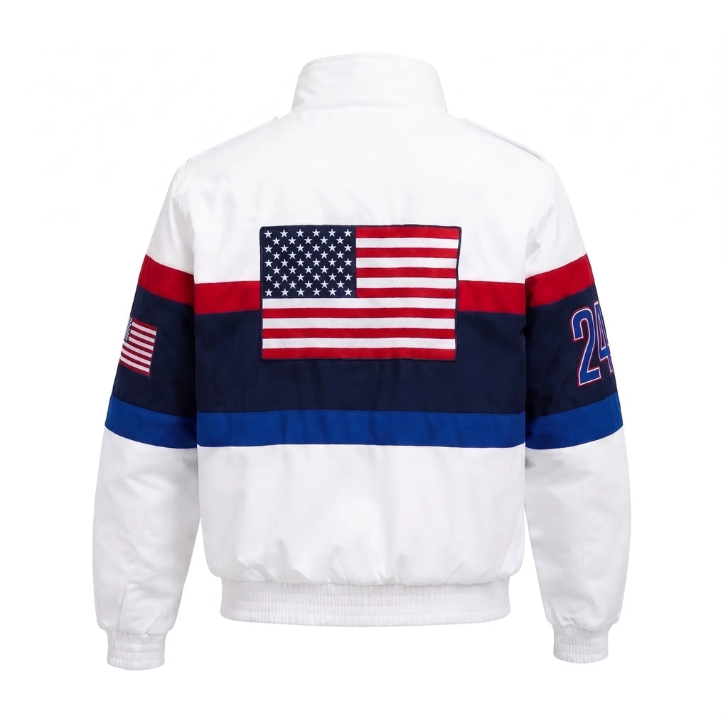 Custom Tailored Men’s Classic White Team USA Olympic Genuine Sheepskin Leather Jacket with USA Flag
