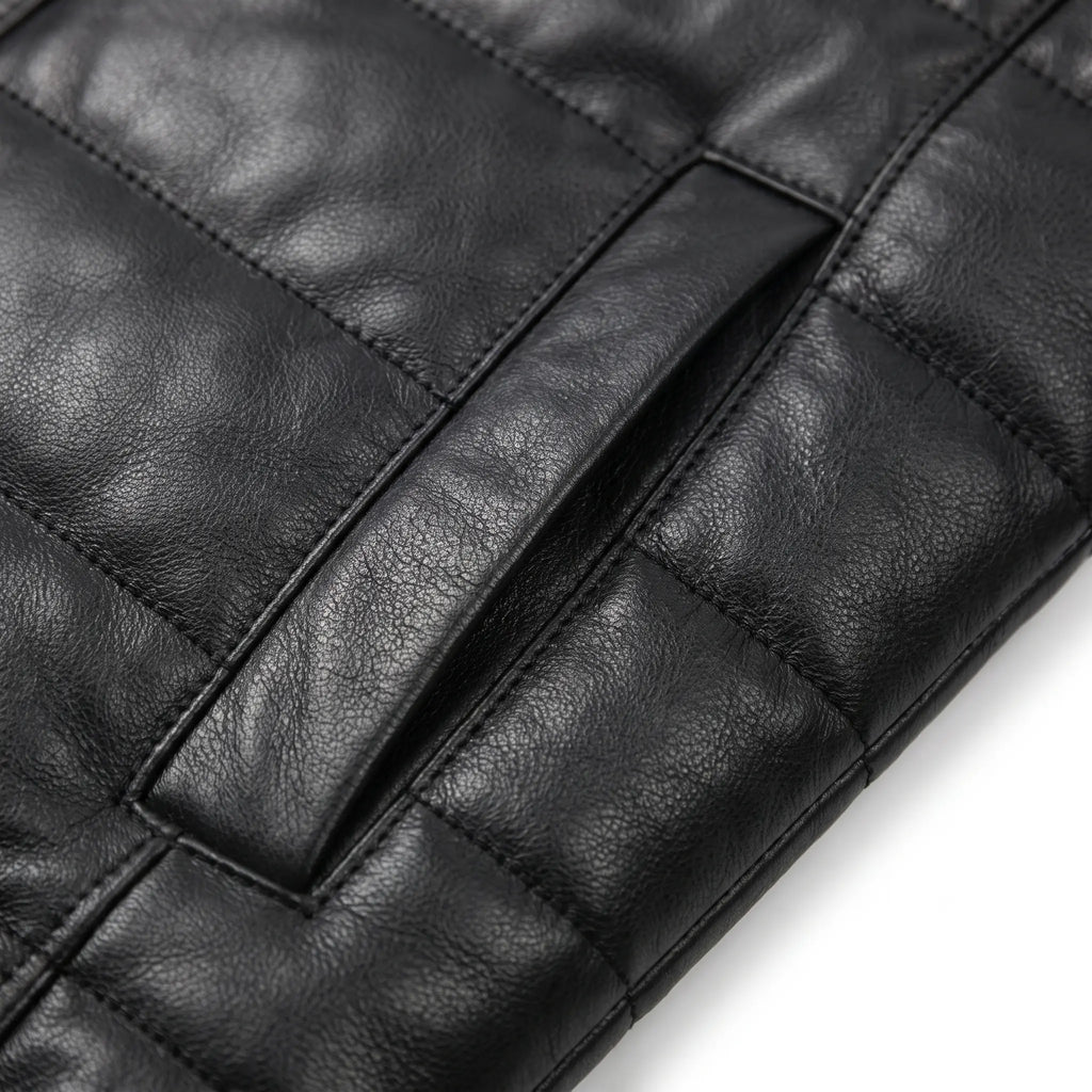 Custom Tailored Black Real Sheep Skin Leather Puffer Padded Raccoon Hood Jacket