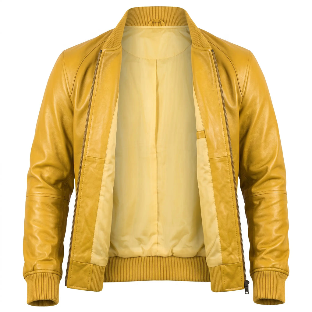 Custom Tailored Bomber Jacket Men’s Yellow Genuine Lambskin Biker Casual Jacket