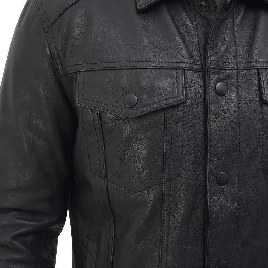 Men’s Custom Tailored Black Trucker Genuine Sheep Skin Motorcycle Jacket
