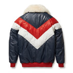 Men’s Custom Tailored Genuine Leather V Bomber Jacket fur Collar Red/White/Navy
