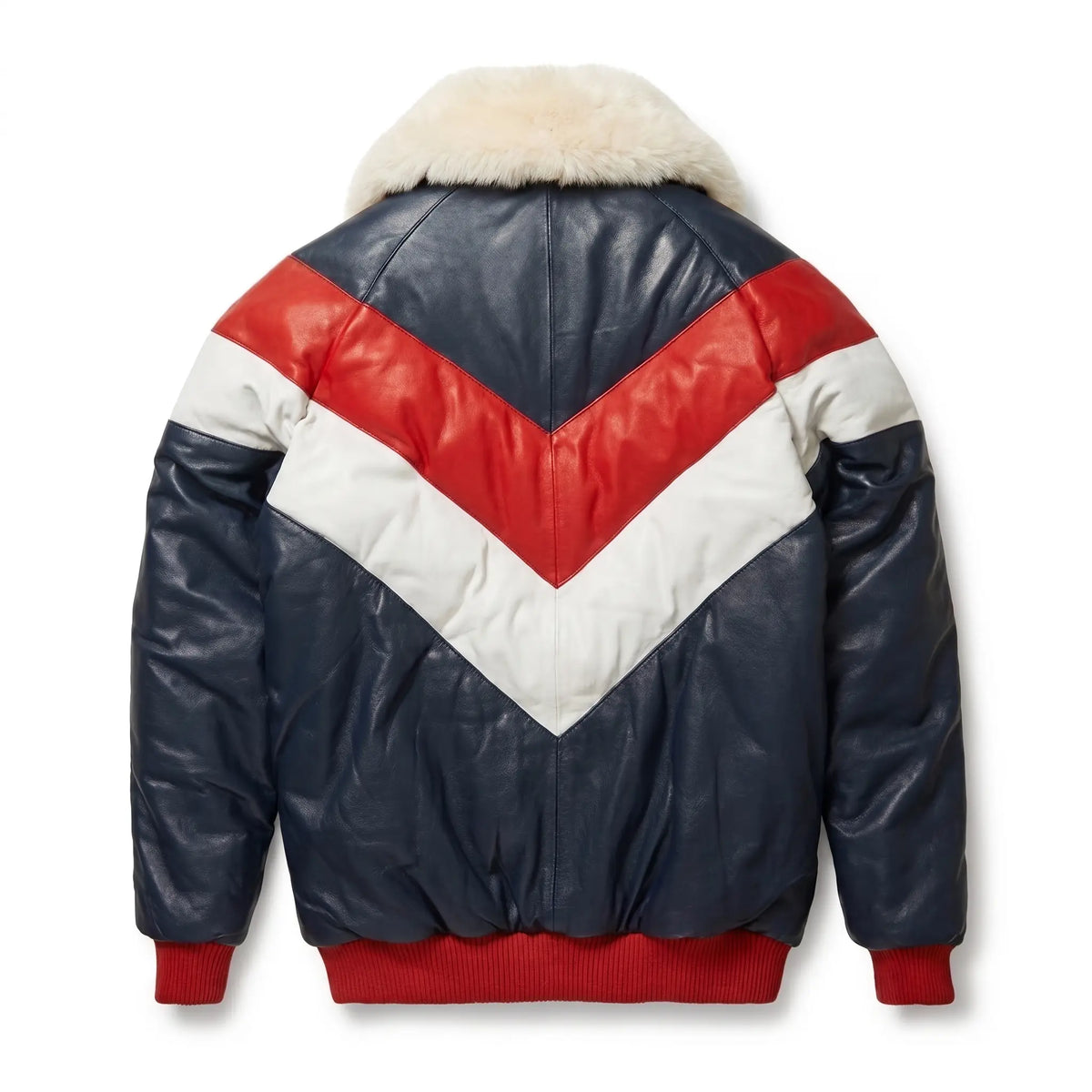Men’s Custom Tailored Genuine Leather V Bomber Jacket fur Collar Red/White/Navy