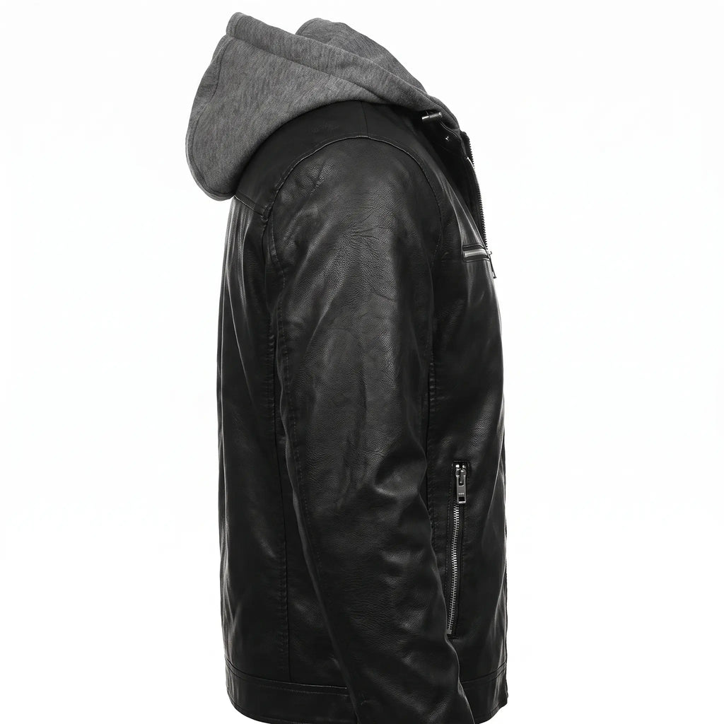Leather Jacket Black Men’s-Hooded