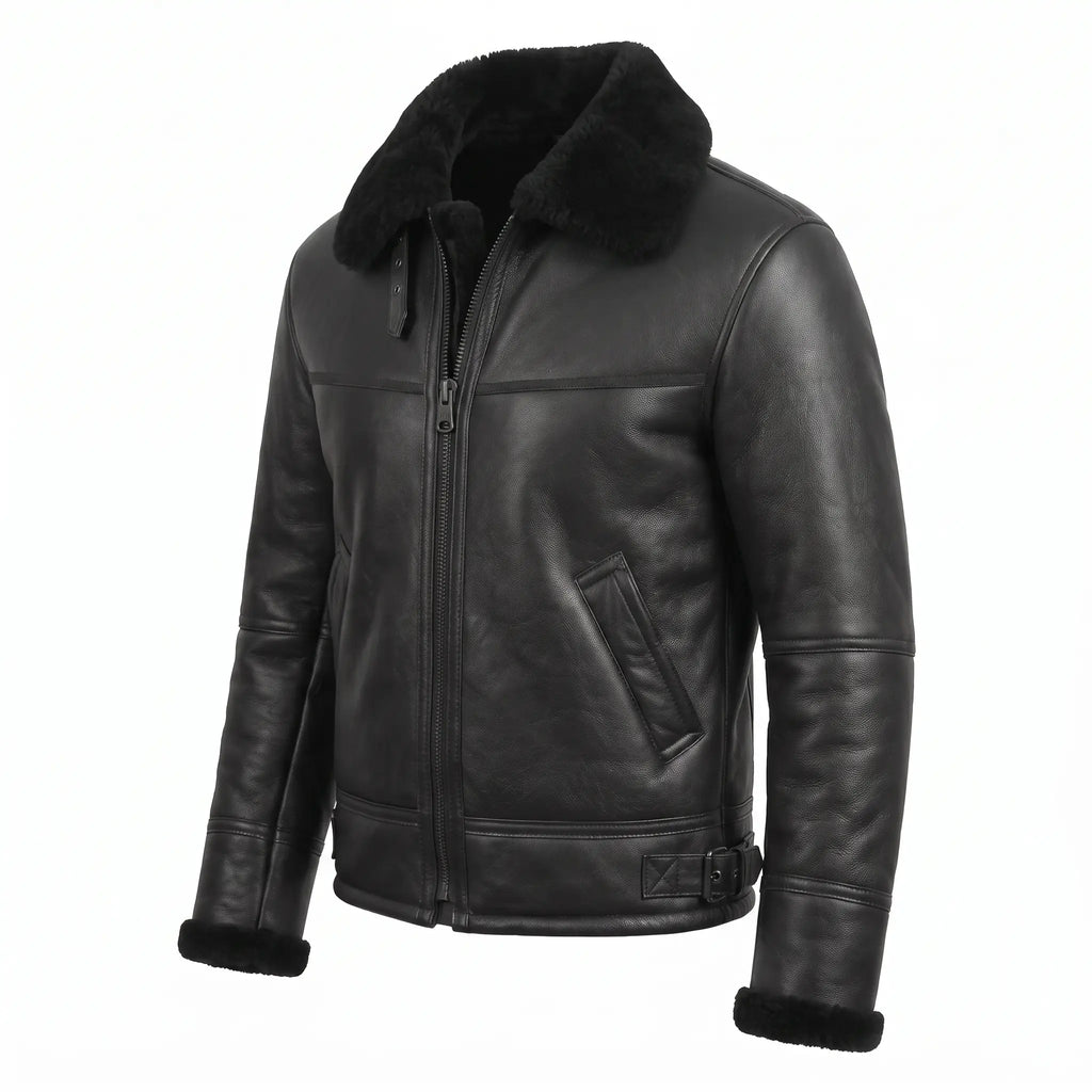 Men’s Sheepskin Shearling Fur Bomber B3 Aviator Black Leather Jacket