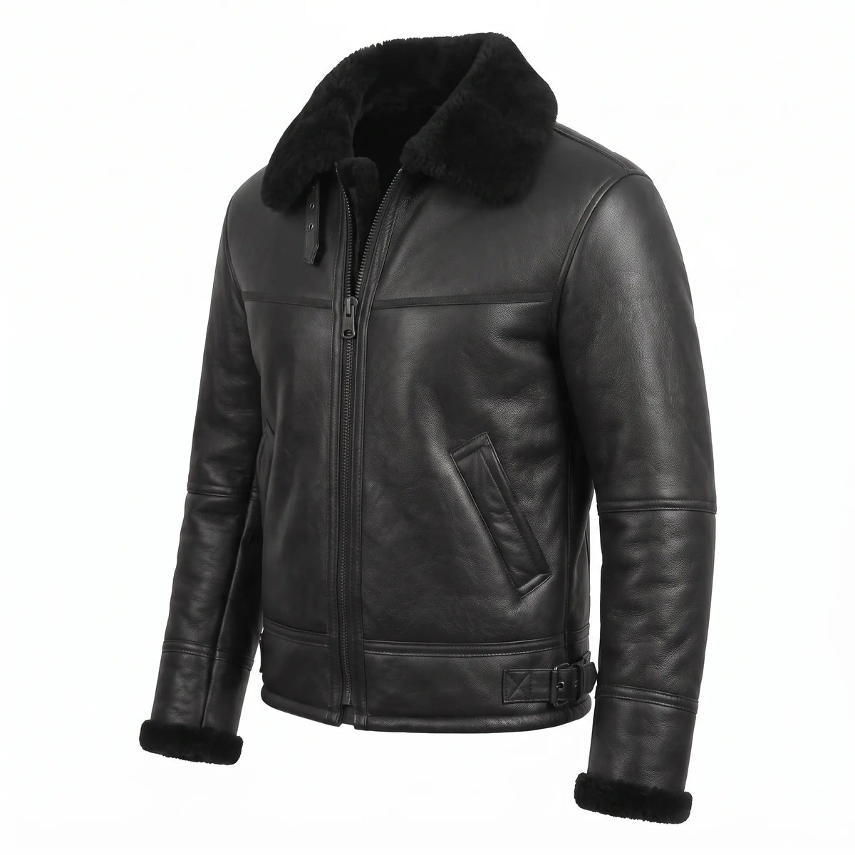 Men’s Sheepskin Shearling Fur Bomber B3 Aviator Black Leather Jacket