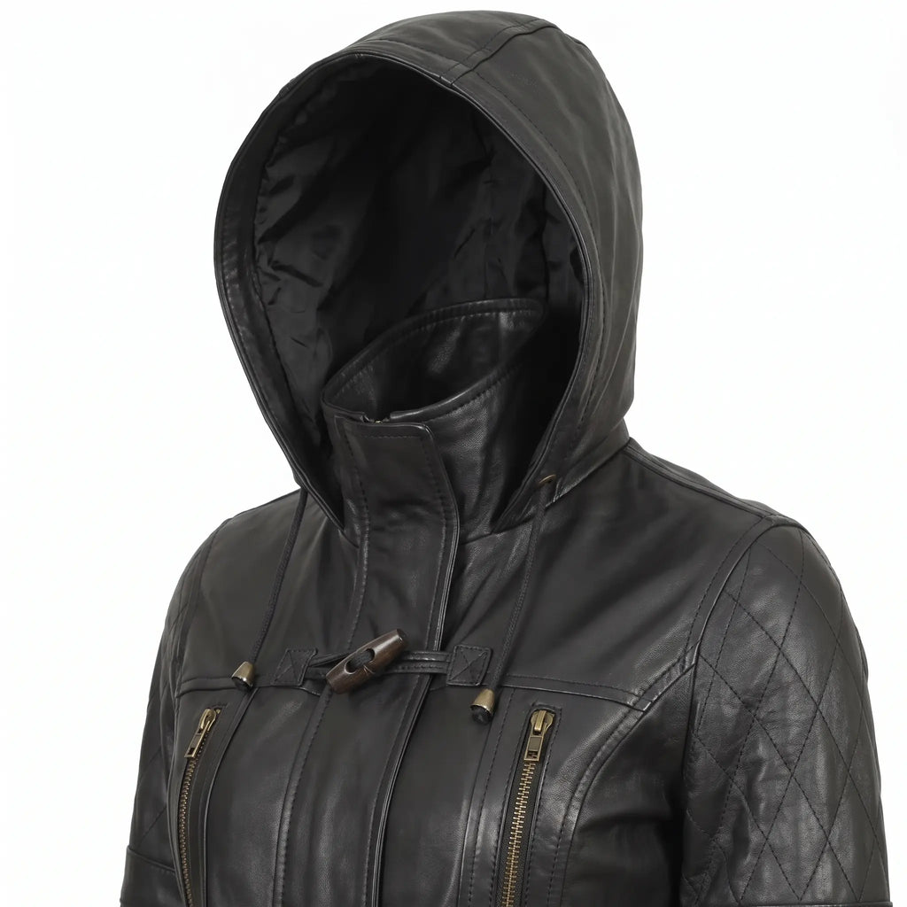 Women’s Custom Tailored Black Hooded Genuine Sheepskin Leather Coat