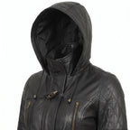 Women’s Custom Tailored Black Hooded Genuine Sheepskin Leather Coat