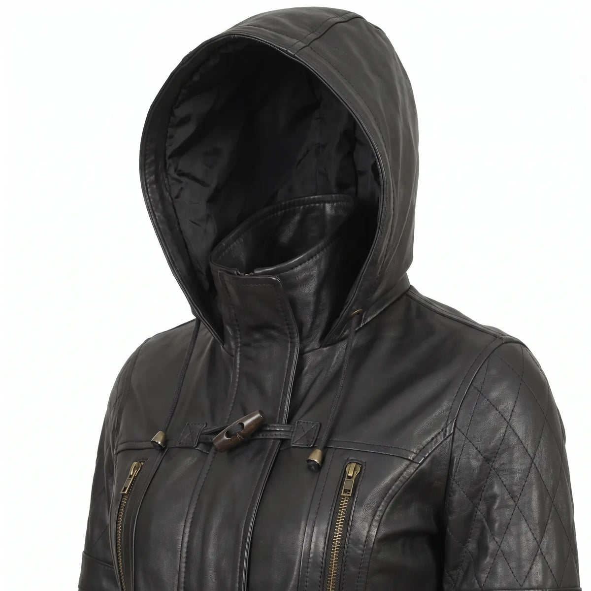 Women’s Custom Tailored Black Hooded Genuine Sheepskin Leather Coat