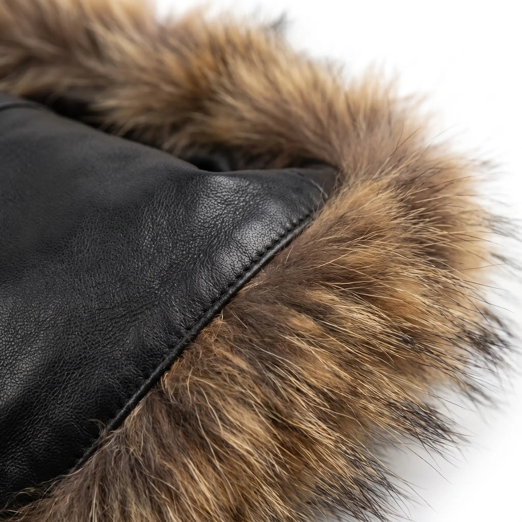 Custom Tailored Black Real Sheep Skin Leather Puffer Padded Raccoon Hood Jacket