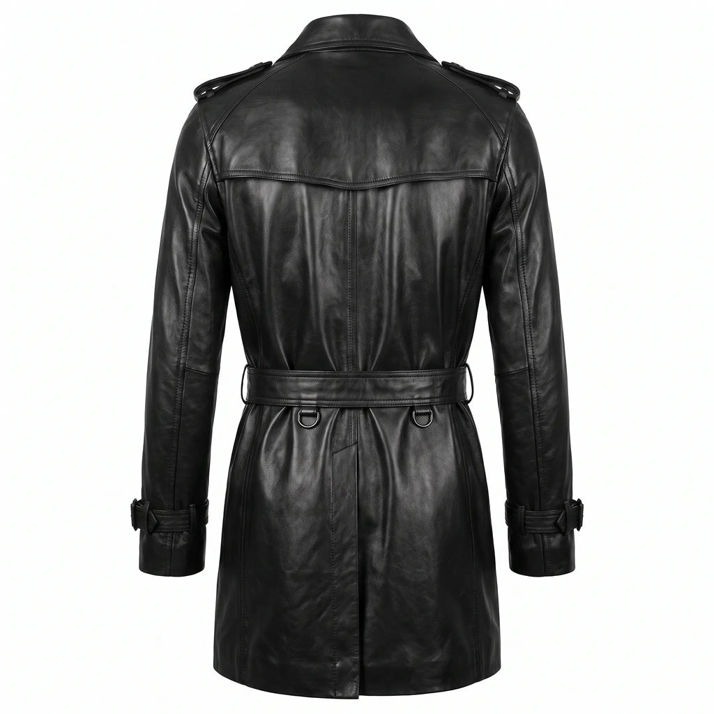 Men’s Custom Tailored Genuine Leather Trench Coat Belted Coat Jacket