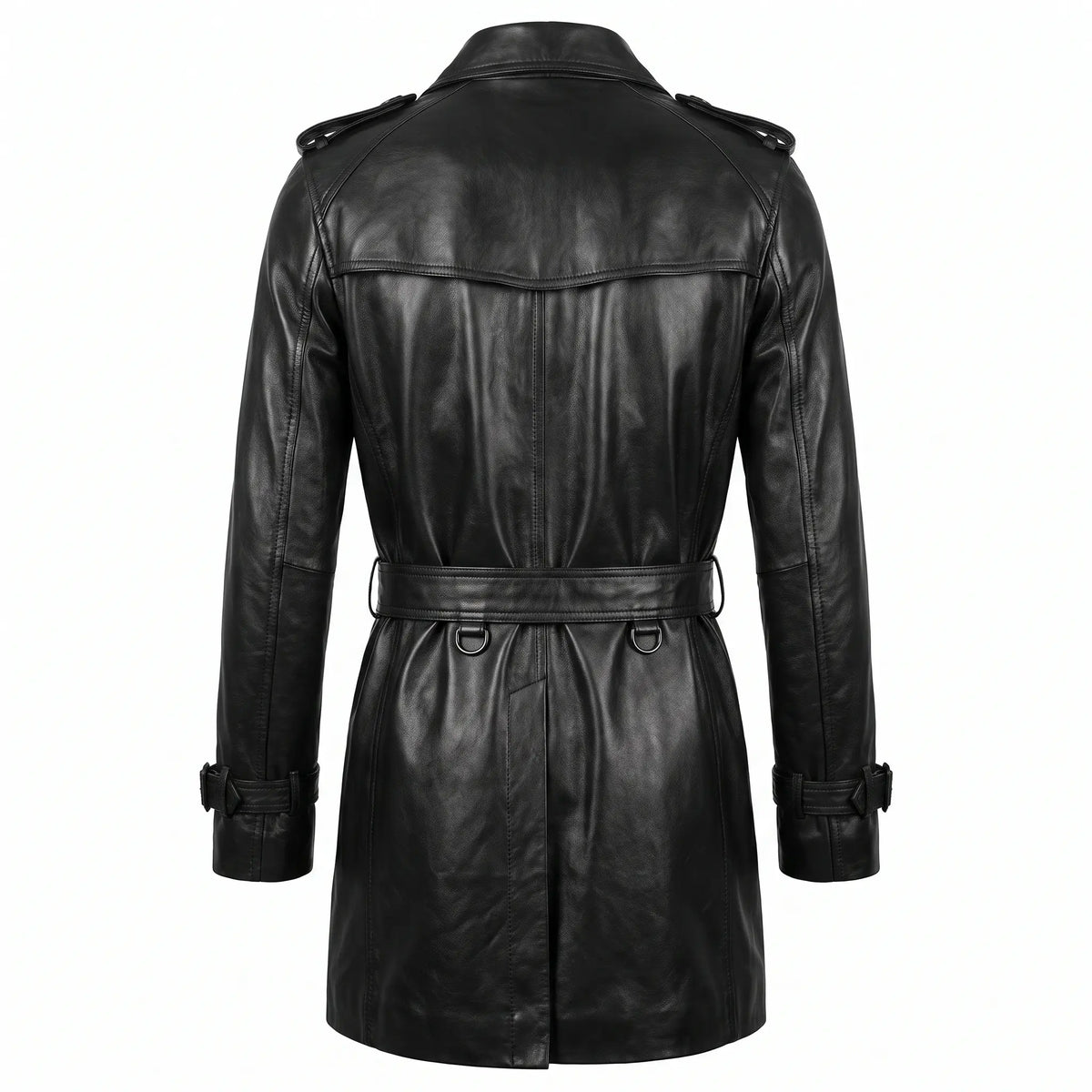 Men’s Custom Tailored Genuine Leather Trench Coat Belted Coat Jacket