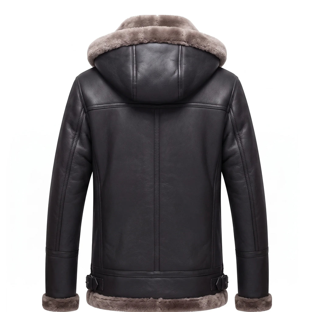 B3 Genuine Leather Aviator Flight Fur Shearling Bomber Hoodie Jacket