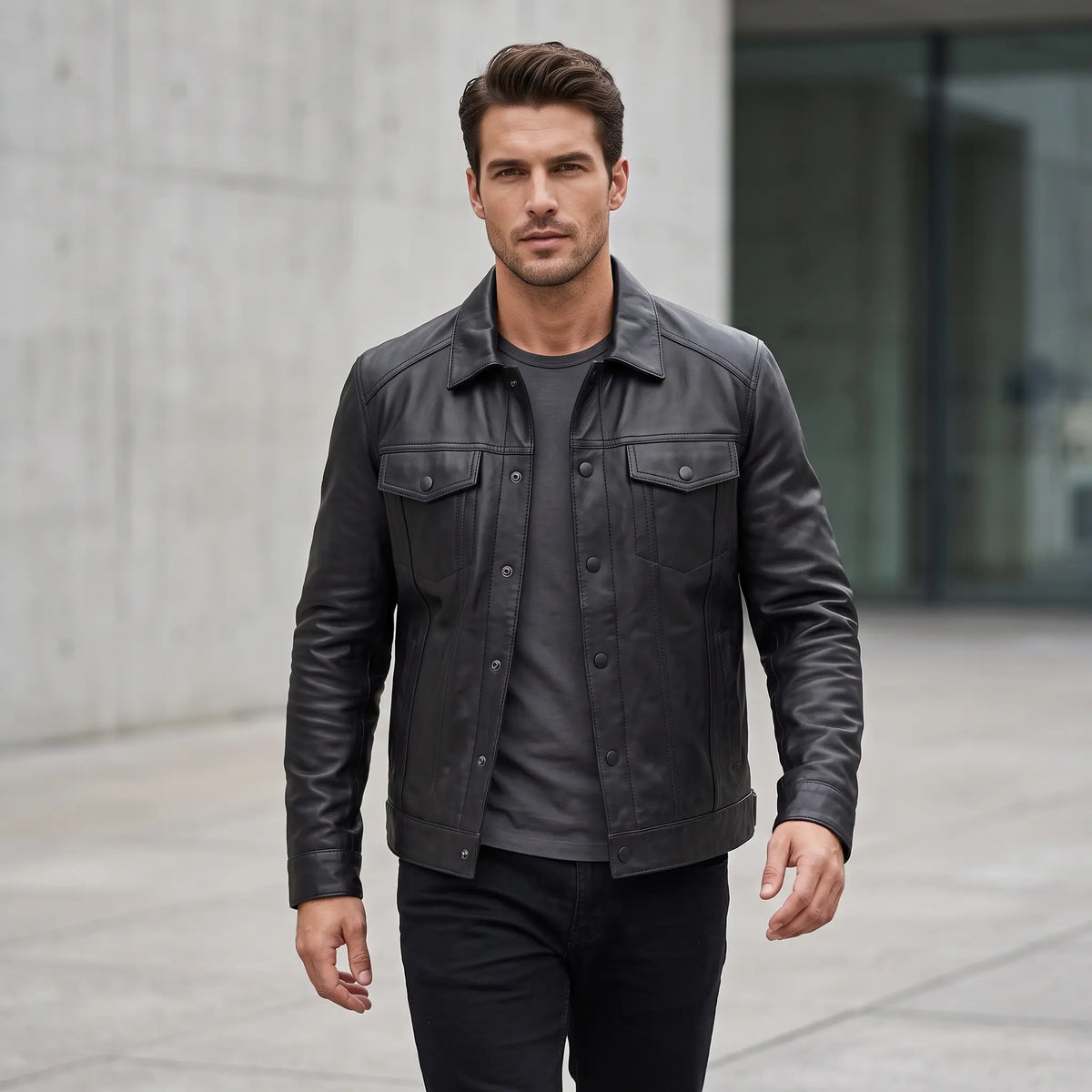 Men’s Custom Tailored Black Trucker Genuine Sheep Skin Motorcycle Jacket