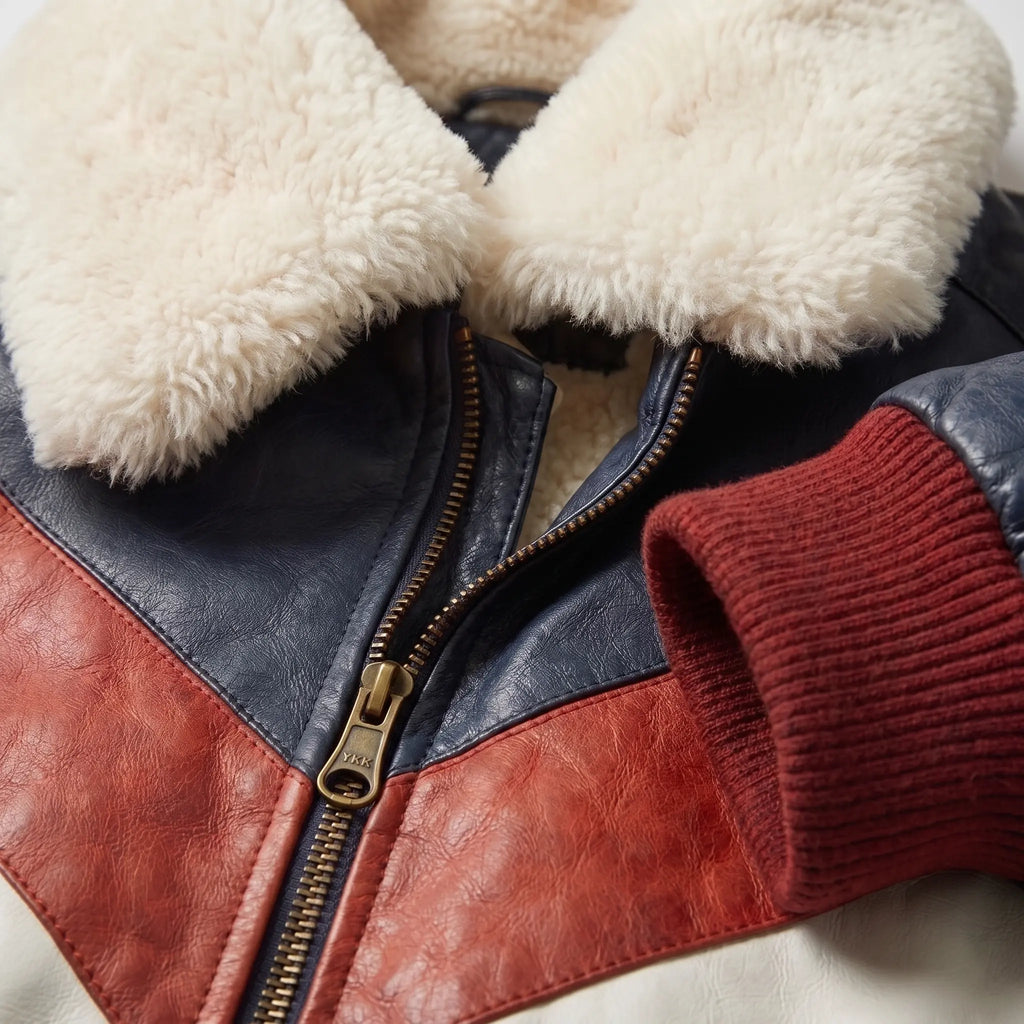 Men’s Custom Tailored Genuine Leather V Bomber Jacket fur Collar Red/White/Navy