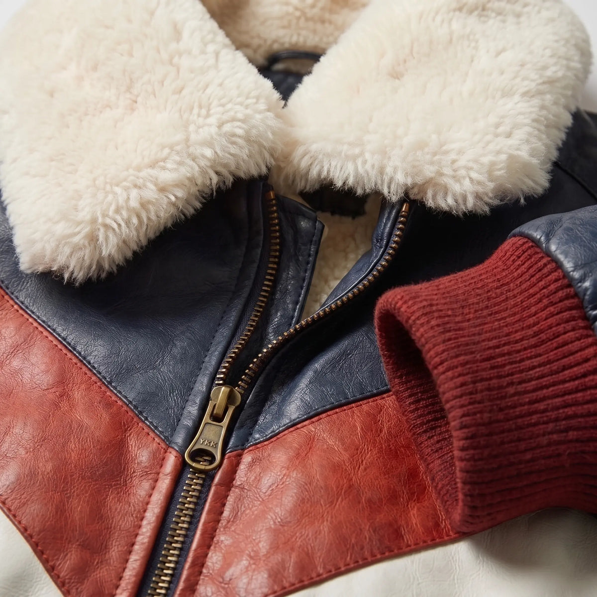 Men’s Custom Tailored Genuine Leather V Bomber Jacket fur Collar Red/White/Navy