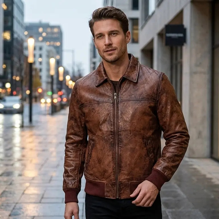 Custom Tailored Men’s Biker Genuine Vintage Distressed Bomber Leather Jacket