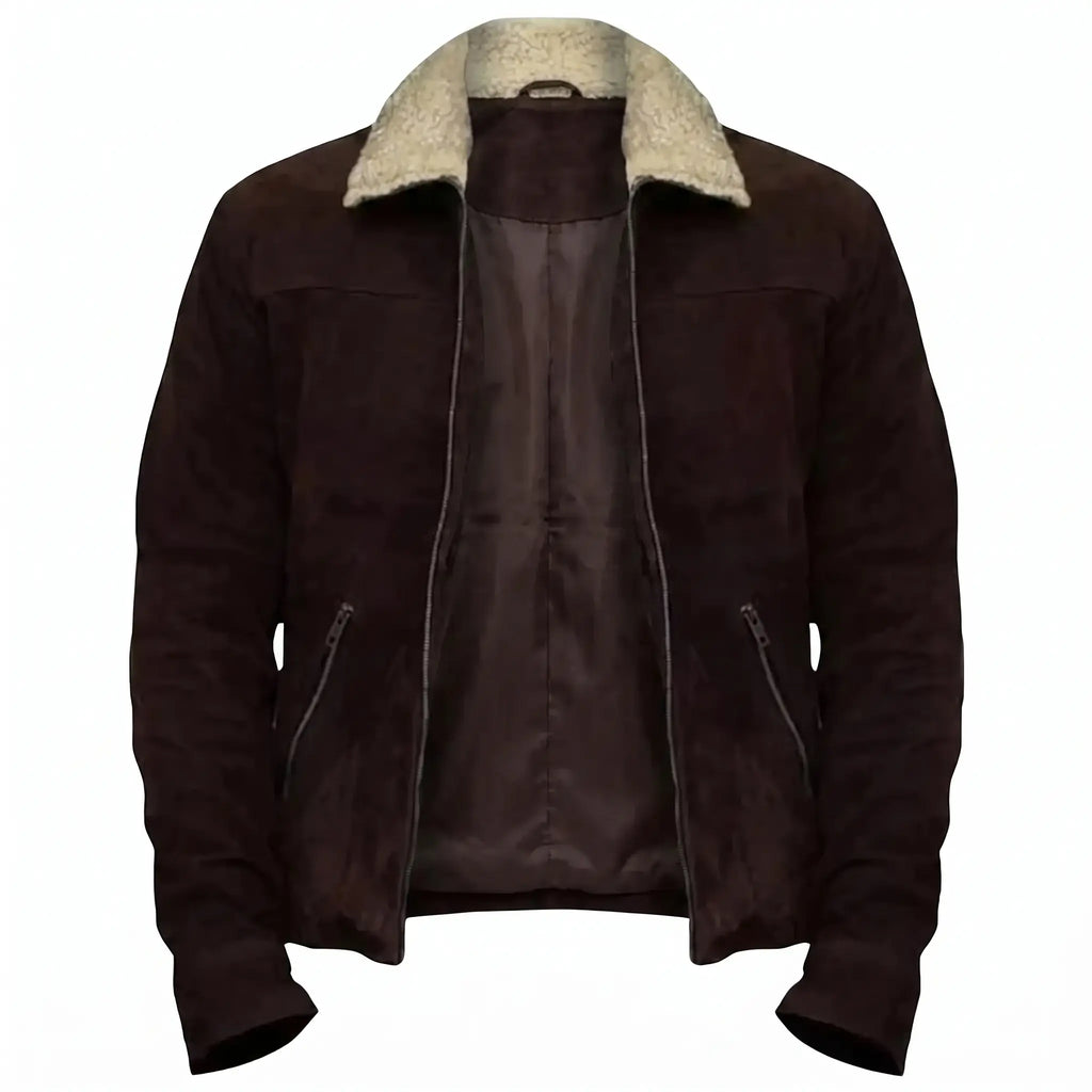 Custom Tailored Men’s Brown Genuine Sheepskin Leather Jacket with Genuine Shearling Fur Collar