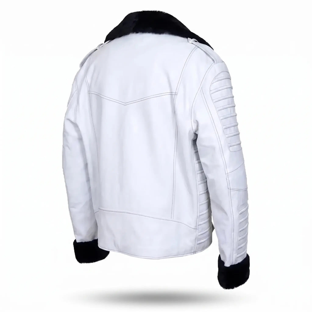 Custom Tailored Men’s White Genuine Sheep Skin Leather Biker Jacket Fur Collar