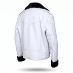 Custom Tailored Men’s White Genuine Sheep Skin Leather Biker Jacket Fur Collar
