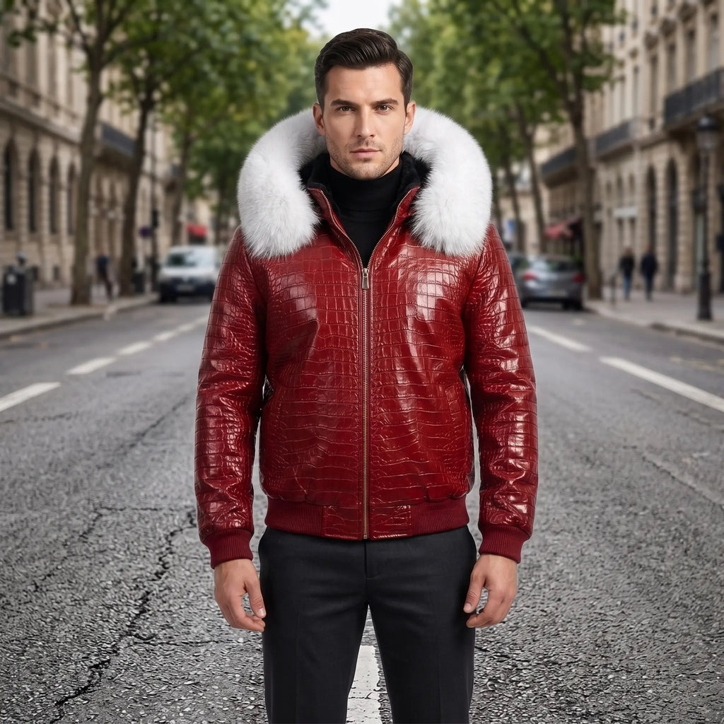 Custom Tailored Men’s Crocodile Embossed Fur Hooded Genuine Sheepskin Leather Jacket