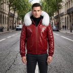 Custom Tailored Men’s Crocodile Embossed Fur Hooded Genuine Sheepskin Leather Jacket