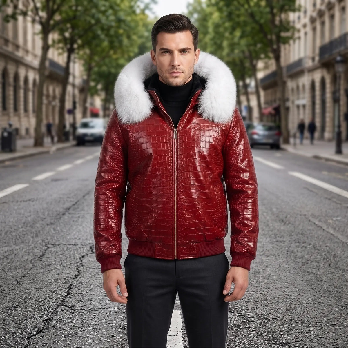 Custom Tailored Men’s Crocodile Embossed Fur Hooded Genuine Sheepskin Leather Jacket