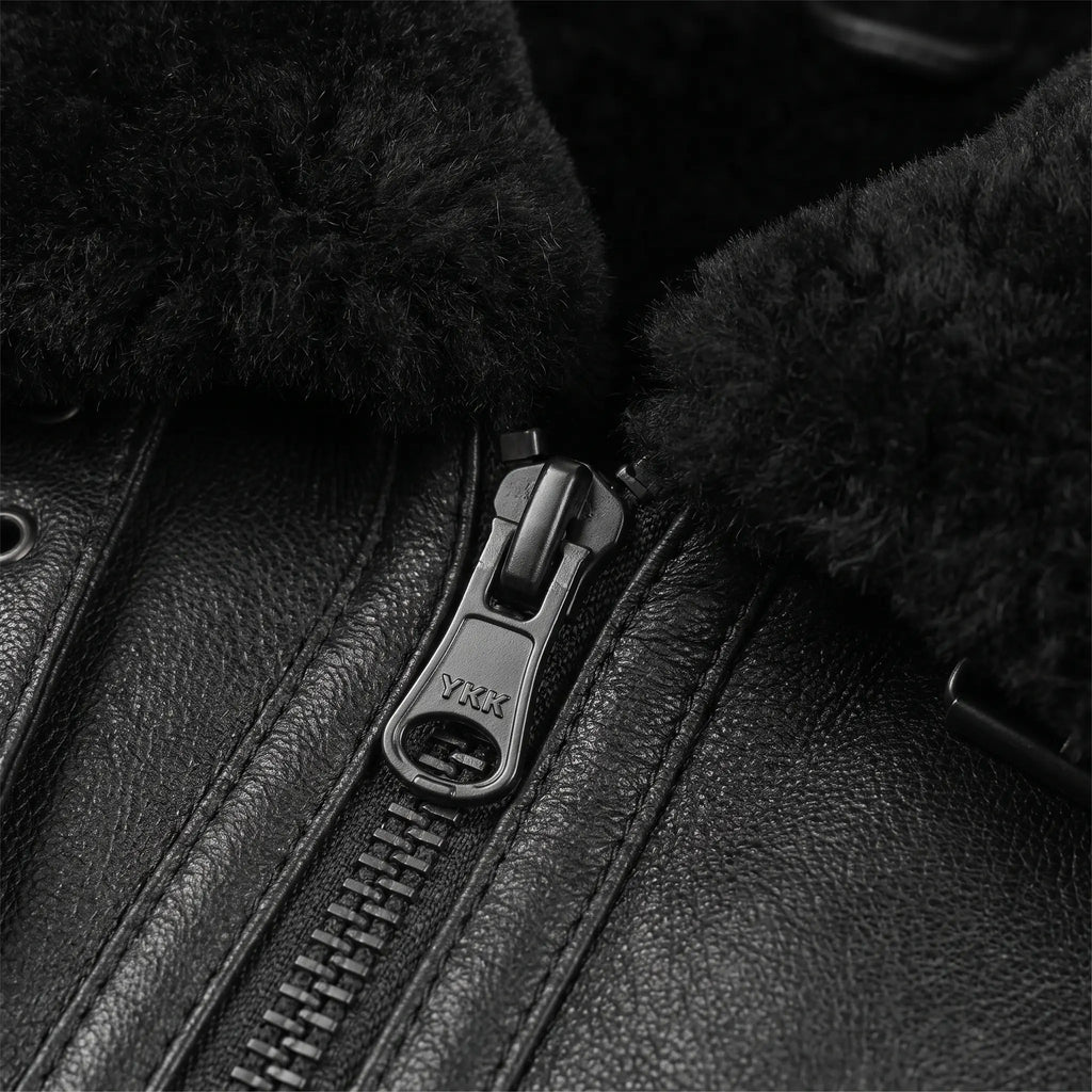 Men’s Sheepskin Shearling Fur Bomber B3 Aviator Black Leather Jacket