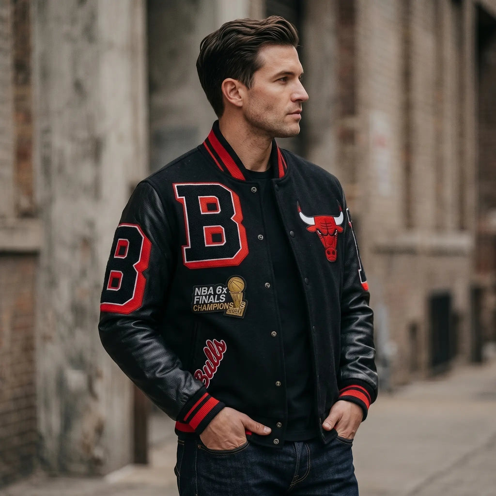 Custom Tailored Men’s Standard Chicago Bulls Mash Up Styled Varsity Genuine Sheepskin Leather Jacket