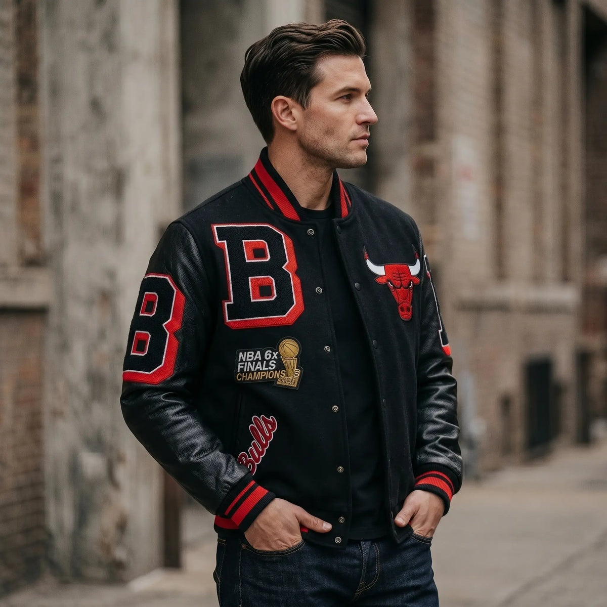Custom Tailored Men’s Standard Chicago Bulls Mash Up Styled Varsity Genuine Sheepskin Leather Jacket