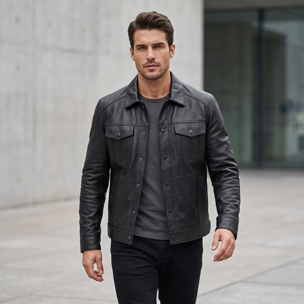 Men’s Custom Tailored Black Trucker Genuine Sheep Skin Motorcycle Jacket