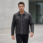 Men’s Custom Tailored Black Trucker Genuine Sheep Skin Motorcycle Jacket