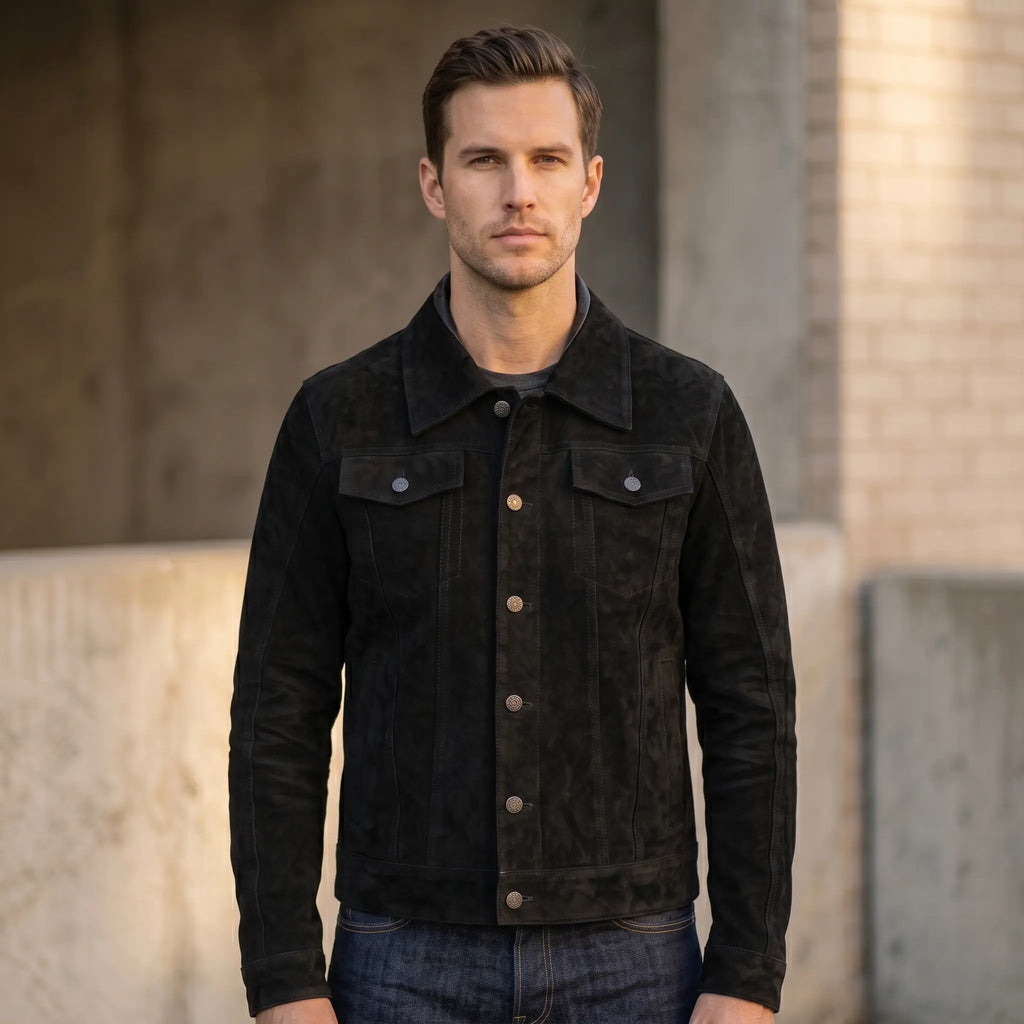 New Men’s Zipper Suede Genuine Leather Jacket Biker Motorcycle Button Black