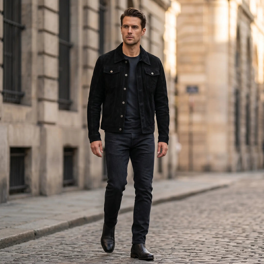 New Men’s Zipper Suede Genuine Leather Jacket Biker Motorcycle Button Black