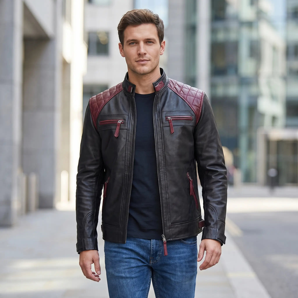 Custom Tailored Men’s Cafe Racer Biker Quilted Genuine Sheep Leather Jacket
