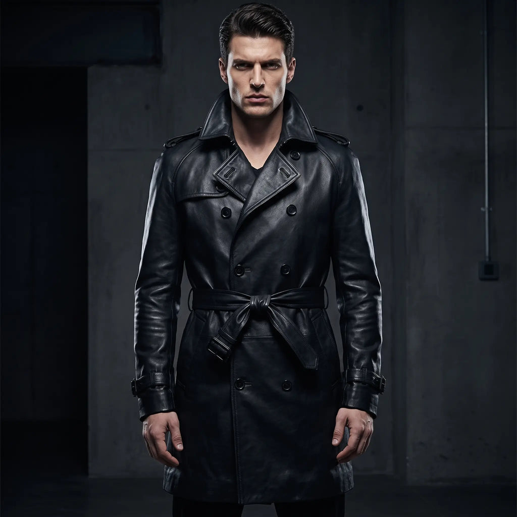 Men’s Custom Tailored Genuine Leather Trench Coat Belted Coat Jacket