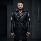 Men’s Custom Tailored Genuine Leather Trench Coat Belted Coat Jacket