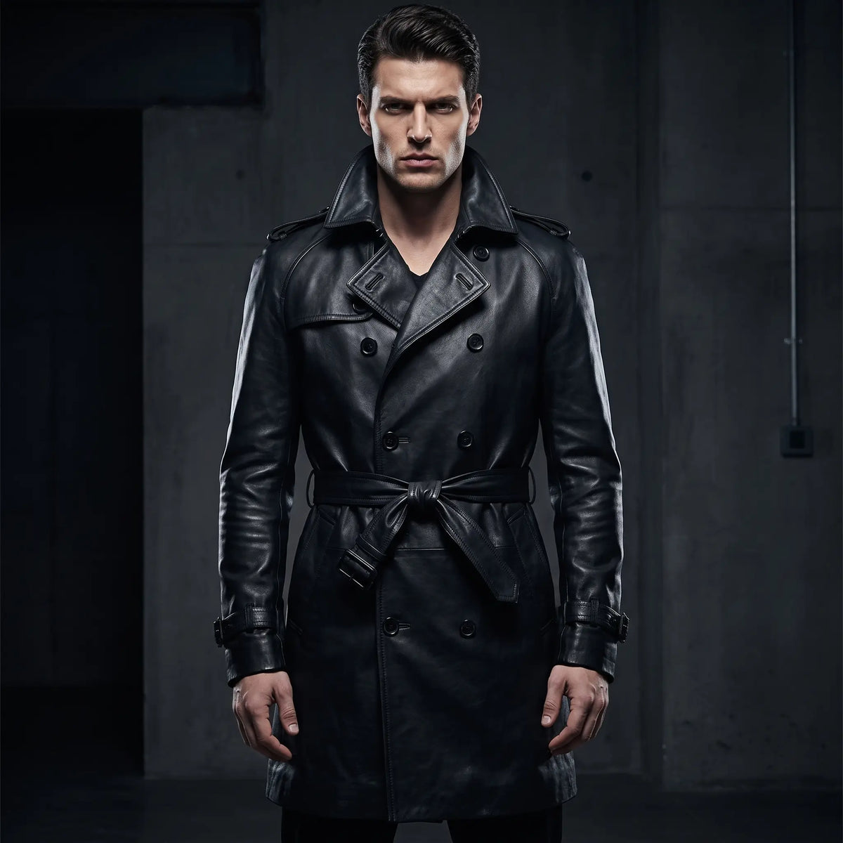 Men’s Custom Tailored Genuine Leather Trench Coat Belted Coat Jacket