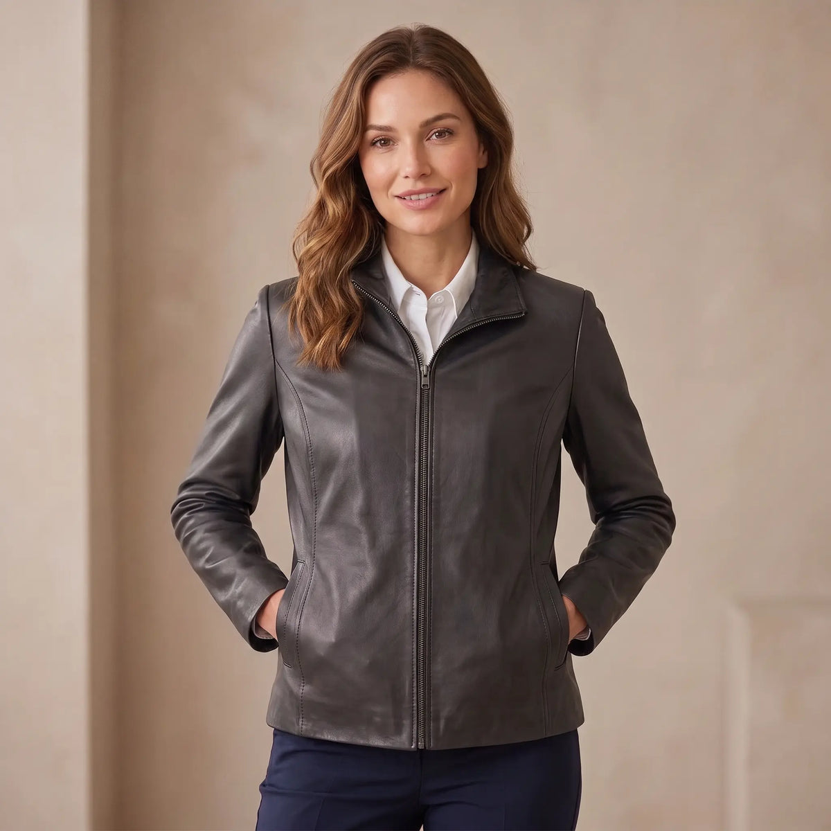 Genuine Leather Jacket Women-Plain-Skin Fitted