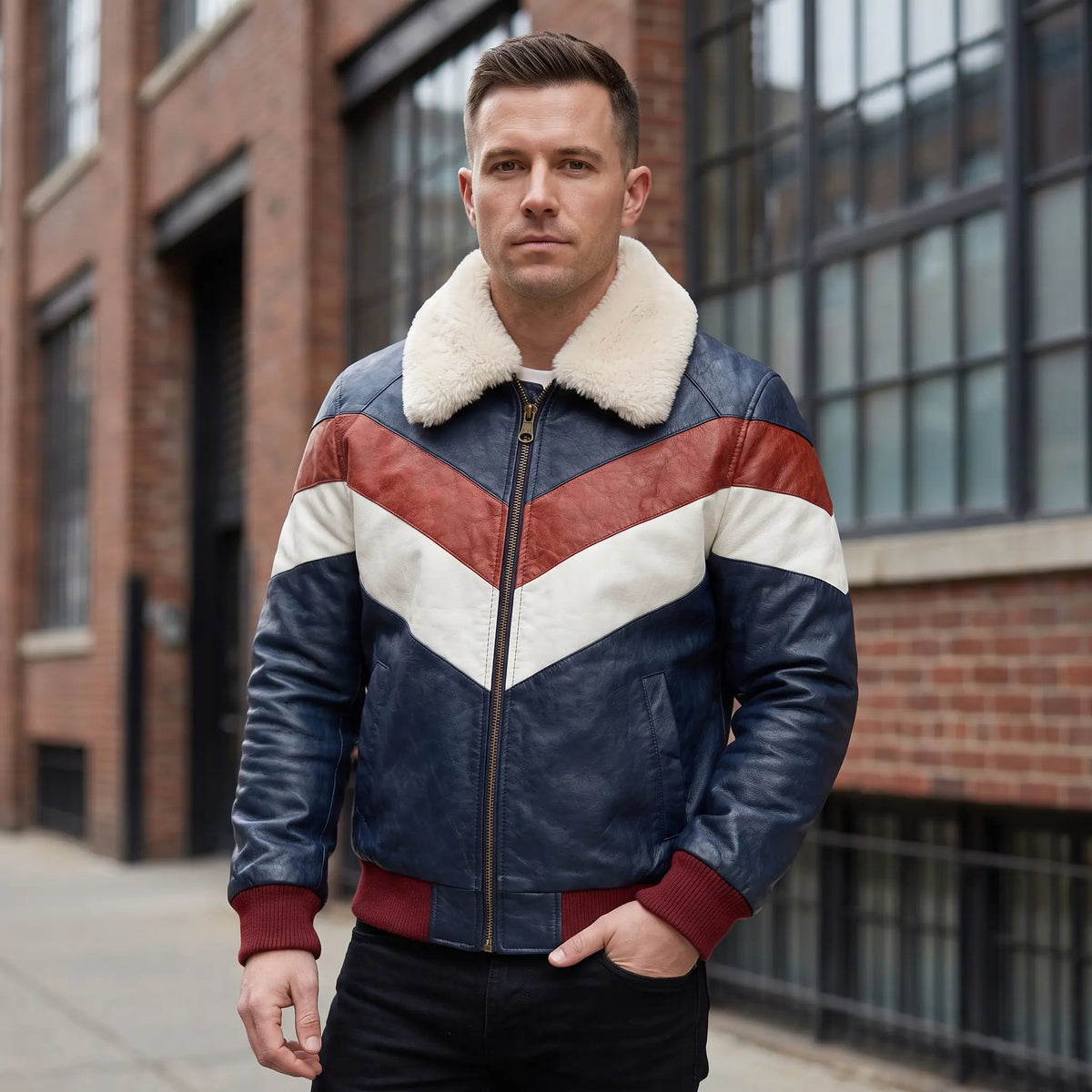 Men’s Custom Tailored Genuine Leather V Bomber Jacket fur Collar Red/White/Navy