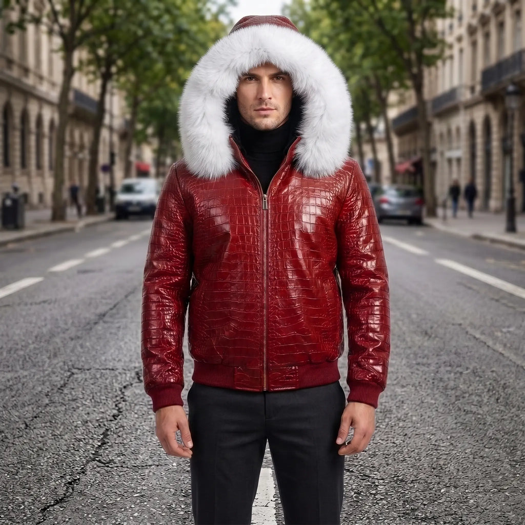 Custom Tailored Men’s Crocodile Embossed Fur Hooded Genuine Sheepskin Leather Jacket