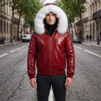 Custom Tailored Men’s Crocodile Embossed Fur Hooded Genuine Sheepskin Leather Jacket