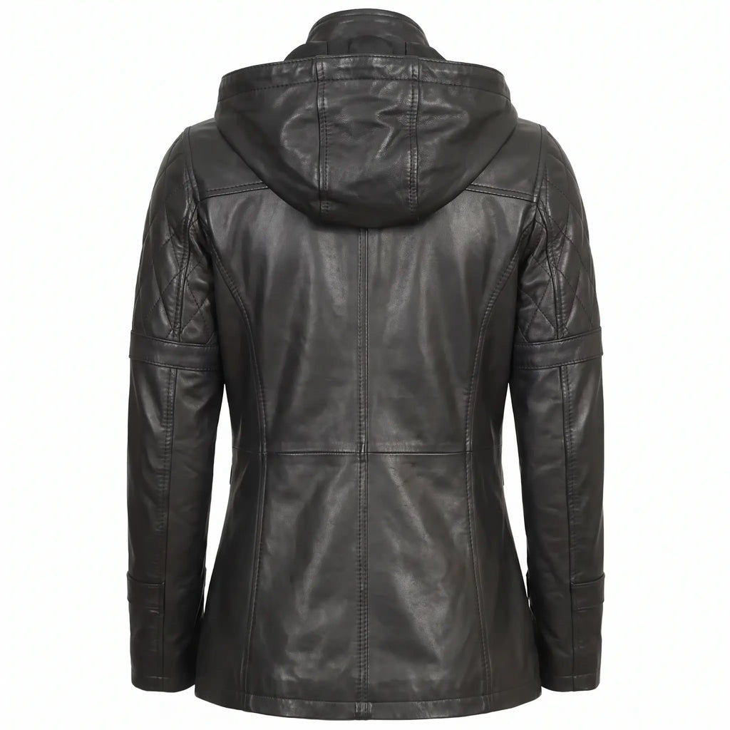 Women’s Custom Tailored Black Hooded Genuine Sheepskin Leather Coat