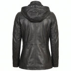 Women’s Custom Tailored Black Hooded Genuine Sheepskin Leather Coat