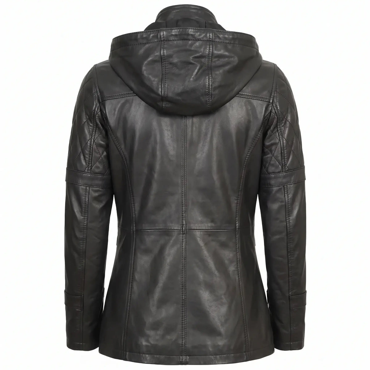 Women’s Custom Tailored Black Hooded Genuine Sheepskin Leather Coat